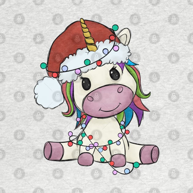 unicorn christmas lights santa hat by Mitsue Kersting